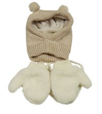 2 set - béžová pletená zateplená kukla + smetanové huňaté palcové rukavice 