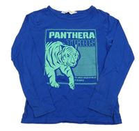 Modré triko se zeleným potiskem a tygrem H&M