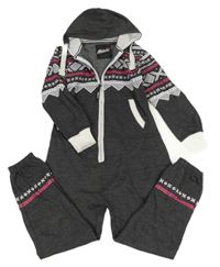 Šedo-bílo-růžová vzorovaná tepláková kombinéza s kapucí 