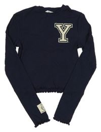 Tmavomodré žebrované crop triko s písmenem H&M