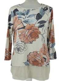 Dámské smetanové květované triko s šifonovým volánkem 