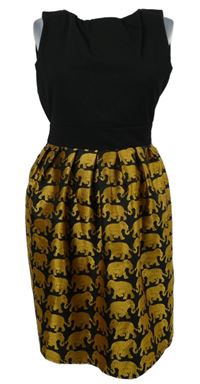 Dámské černo-okrové šaty se sloníky s páskem Goldkid