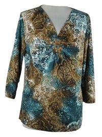 Dámské modro-hnědé vzorované triko s kamínky 