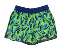 Neonově zeleno-tmavomodré vzorované šusťákové kraťasy Decathlon