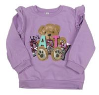 Fialová mikina s medvídkem a nápisem s volány