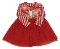 Červeno-bílé pruhované bavlněné šaty se sobem a tylovou sukní 