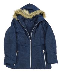 Tmavomodrá šusťáková zimní bunda s kožešinou a kapucí 