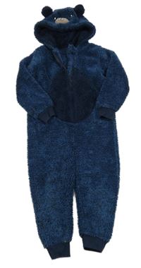 Tmavomodrá melírovaná chlupatá kombinéza s kapucí Tu