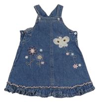 Modré riflové laclové šaty s motýlem a kytičkami 