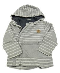 Šedo-bílá pruhovaná plátěná jarní bunda s nášivkou a kapucí Topomini