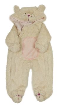 Béžová chlupatá zateplená kombinéza s kapucí - medvěd 