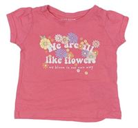 Růžové tričko s nápisem a kytičkami Primark