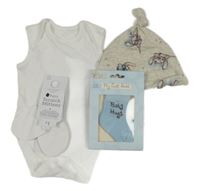 Nové - 4set - Bílé body + šedá čepice + bílé rukavice + modré ponožky 