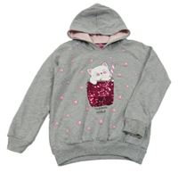 Šedá melírovaná mikina s kočkou a kapucí 