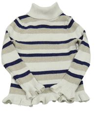 Bílo-tmavomodro-stříbrný pruhovaný svetr s rolákem Primark