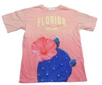 Broskvovo-korálové tričko s nápisy a kaktusem H&M