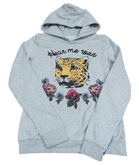 Světlešedá melírovaná mikina se šelmou a růžemi a kapucí zn. H&M