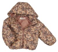 Starorůžová prošívaná šusťáková zimní bunda s kytičkami a odepínací kapucí H&M