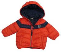 Červeno-tmavomodrá prošívaná šusťáková pod/zimní bunda s nápisy a kapucí TAPE 'A L'OEIL 