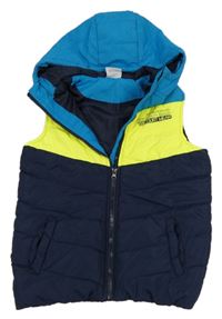Tmavomodro-křiklavě žluto-modrá prošívaná šusťáková zateplená vesta s nápisy a kapucí YIGGA