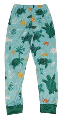 Světlemodro-tmavozelené pyžamové kalhoty se želvičkami a rybičkami