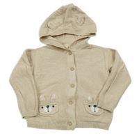 Béžový melírovaný propínací svetr s medvídky/kapsami a kapucí s oušky lupilu