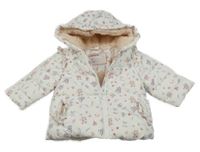 Bílá prošívaná šusťáková zimní bunda s kytičkami a volánky a kapucí ORCHESTRA