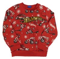 Červená mikina s auty a nápisem z flitrů - Hot Wheels