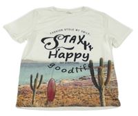 Bílo-modro-hnědé tričko s nápisy a kaktusy SHEIN