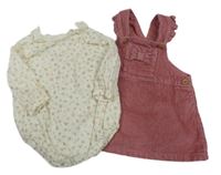 2Set - Starorůžové manšestrové šaty s kapsou s mašlí a volánky Next + smetanové žebrované body s kytičkami George