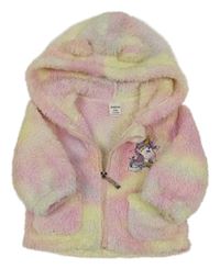 Růžovo-světlefialovo/žlutá huňatá bunda s jednorožcem a kapucí SHEIN