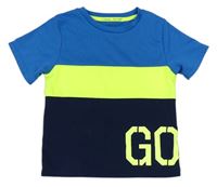 Tmavomodro-modro-neonově zelené tričko s písmeny Topolino