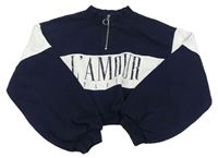 Tmavomodro-bílá crop mikina s nápisem Matalan
