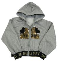 Šedá melírovaná propínací mikina s překlápěcími flitry a kapucí