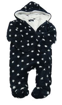 Tmavomodrá chlupatá zateplená kombinéza s hvězdami a kapucí Blue Seven