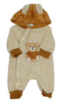 Béžovo-hnědá chlupatá kombinéza s medvědem a kapucí
