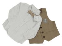 Nové - 3set - Bílá košile + hnědá slavnostní vesta + béžový vzorovaný motýlek Next