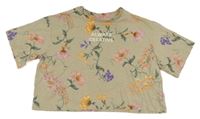 Béžové květované crop tričko s nápisem
