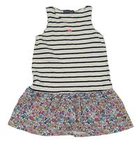 Bílo-černo-barevné bavlněné šaty s pruhy a květinami