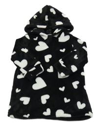 Černá chlupatá oversize mikina se srdíčky a kapucí