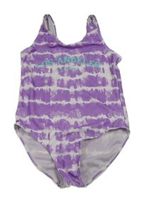 Fialovo-bílé jednodílné plavky s nápisem Primark