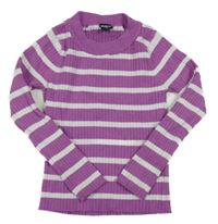 Fialovo-bílý pruhovaný žebrovaný lehký svetr 
