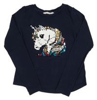 Tmavomodré triko s jednorožcem z flitrů H&M