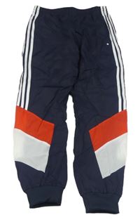 Tmavomodro-bílo-červené šusťákové kalhoty s pruhy Adidas