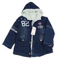 Nové - Tmavomodrá riflová zateplená bunda s čísly a kapucí 