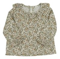 Smetanové květované žebrované triko s volánkem Shein