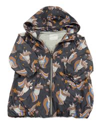 Antracitová šusťáková jarní parka s jednorožci a kapucí Next