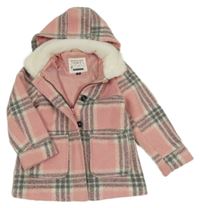 Růžovo-šedo-bílý kostkovaný vlněný kabát s kapucí 