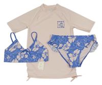 Nové - 2set - Světlerůžové UV tričko s nápisy a palmami + modro-růžové květované dvoudílné plavky M&S