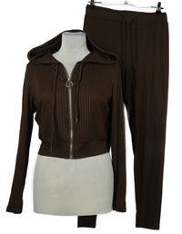 2set - Dámská hnědá žebrovaná crop propínací mikina s kapucí + legíny Shein 